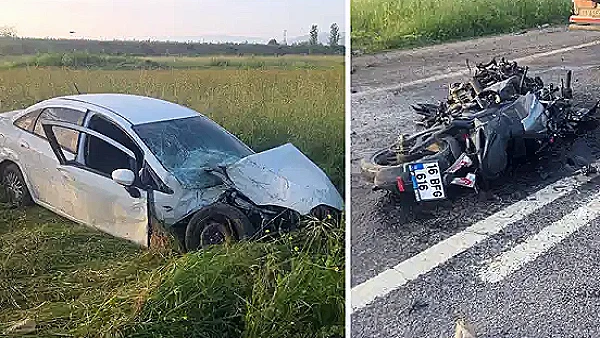 Bursa'da Trafik Kazası: Otomobil Tarlaya Uçtu, Motosiklet Elektrik Direğine Çarptı: 4 Yaralı