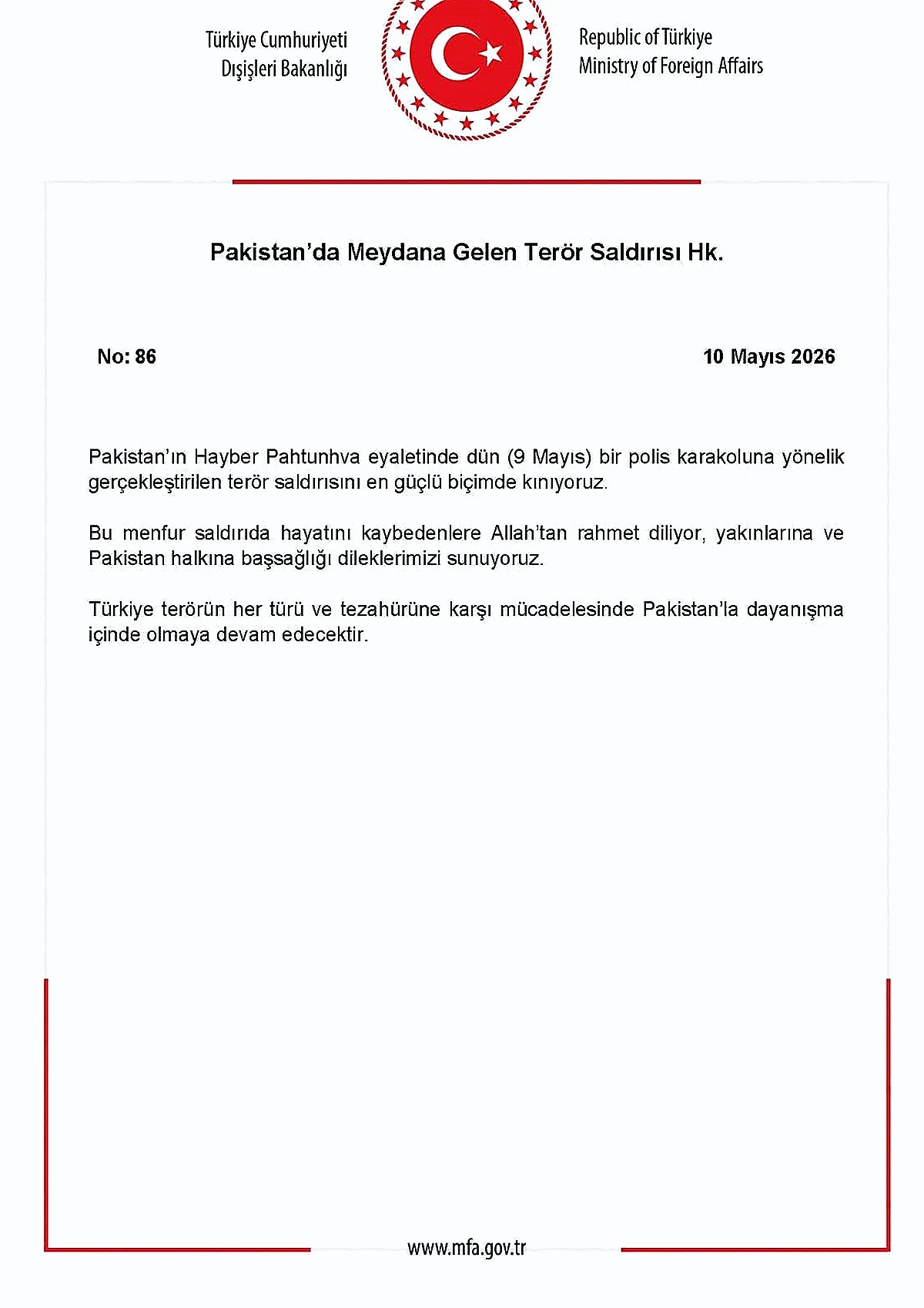 Dışişleri Bakanlığı'ndan Pakistan'daki Terör Saldırısına Kınama